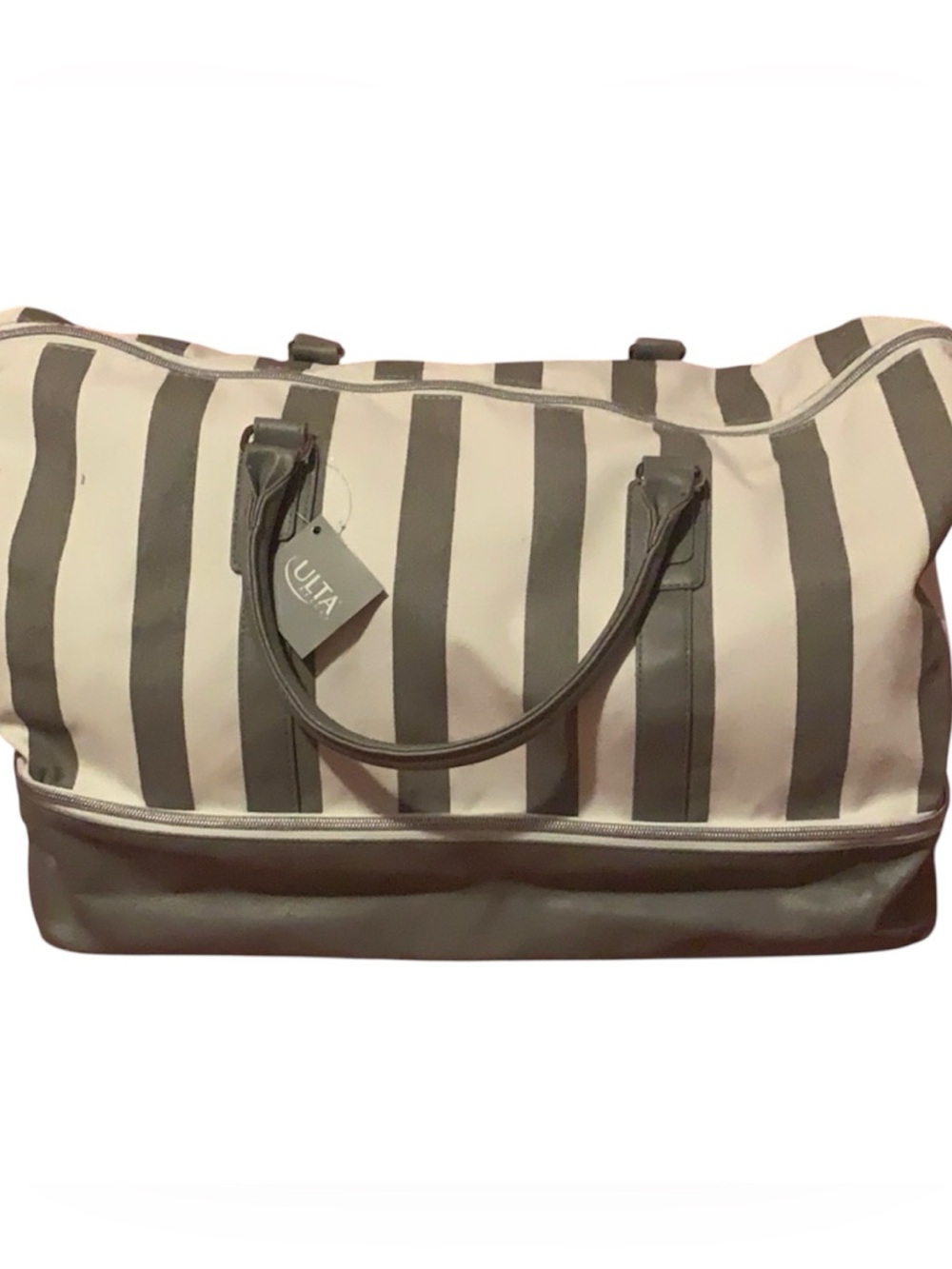 Ulta Beauty Cream and Gray Striped Travel Tote